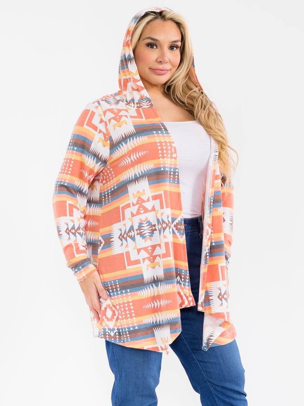 Savanna Jane Orange & Blue Geometric Hooded Open-Front Cardigan
